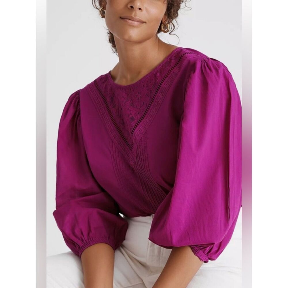 FARM Rio Fuchsia Lace V-Neck Puff Sleeve Top XS Petite
